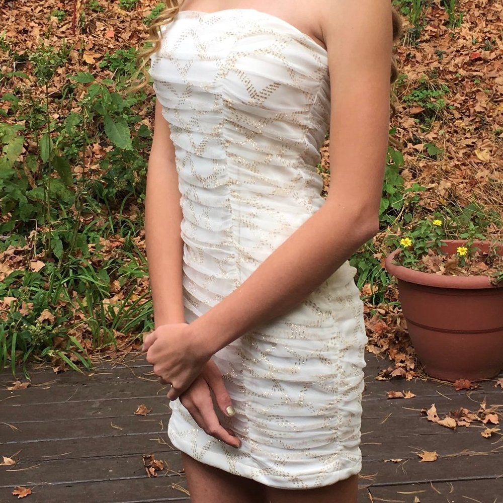 BCX Strapless White Dress with Gold Glitter Design